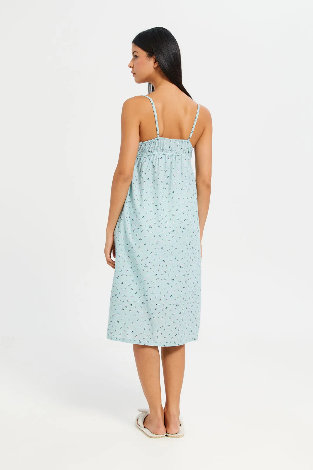 Women Blue Embellished Floral Print Nightgown